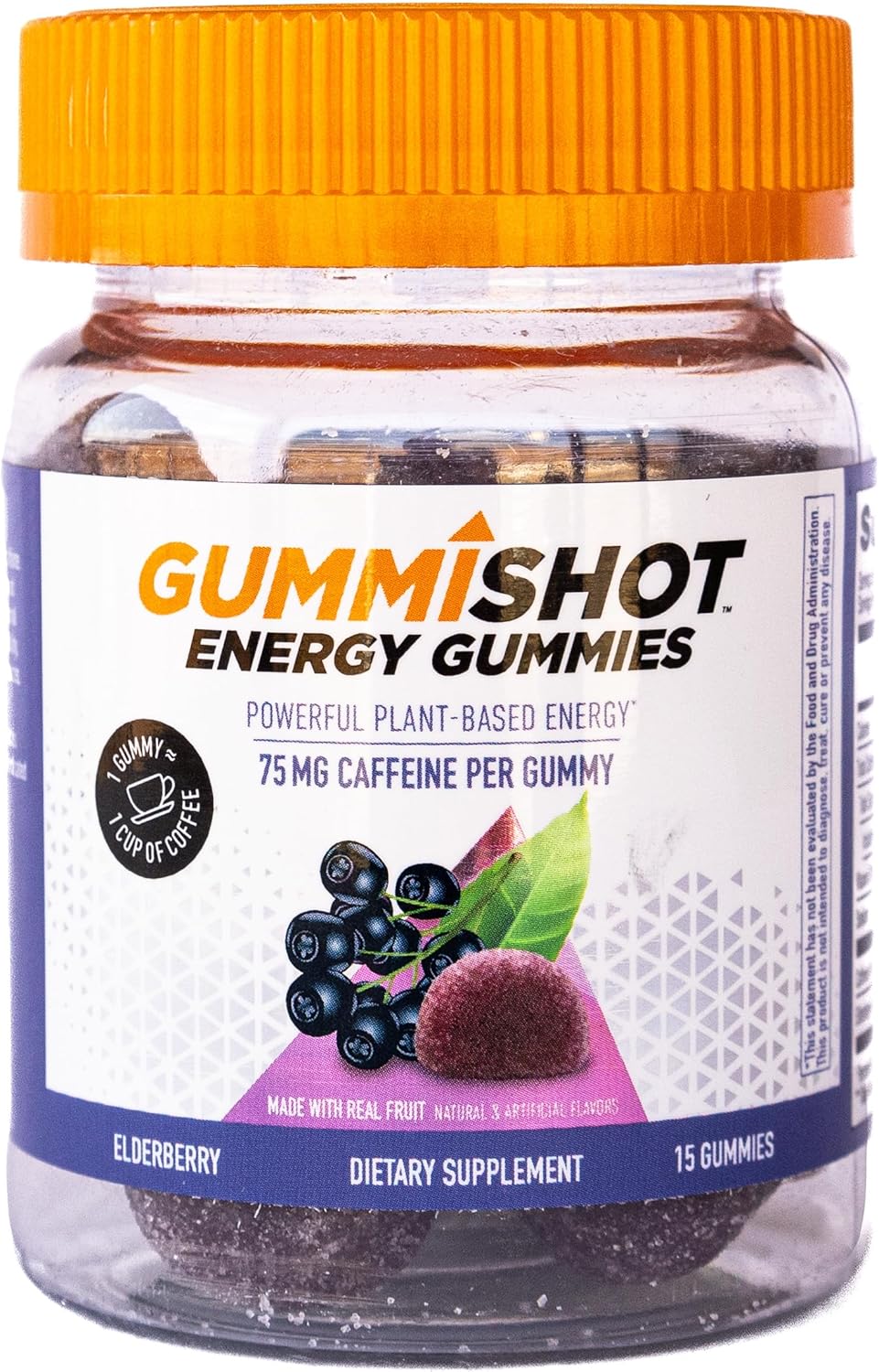 Elderberry GummiShot Energy Gummies - Plant-Based Caffeine Boost - 1125mg per Bottle - Long Lasting Energy - 15ct