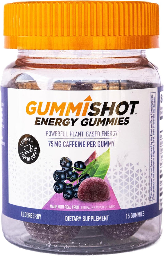 Elderberry GummiShot Energy Gummies - Plant-Based Caffeine Boost - 1125mg per Bottle - Long Lasting Energy - 15ct