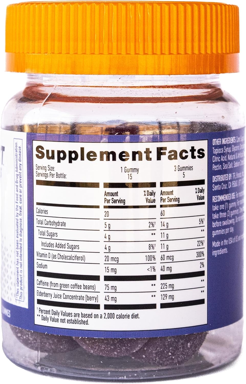 Elderberry GummiShot Energy Gummies - Plant-Based Caffeine Boost - 1125mg per Bottle - Long Lasting Energy - 15ct