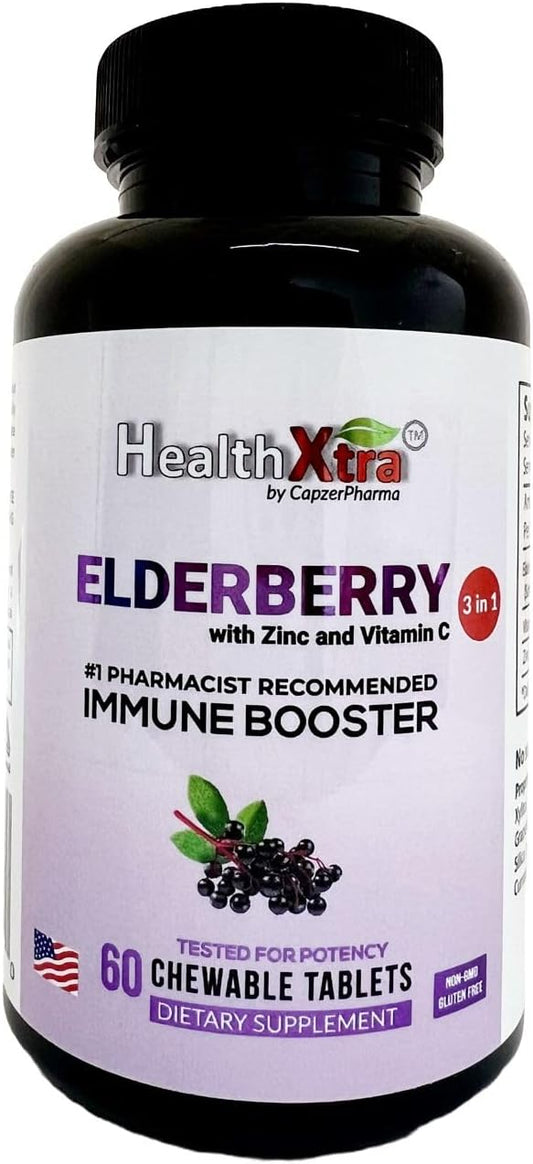 Elderberry Immune Booster Tablets with Zinc & Vitamin C - Sugar-Free, Lab Tested, 60 Chewables, No Artificial Ingredients