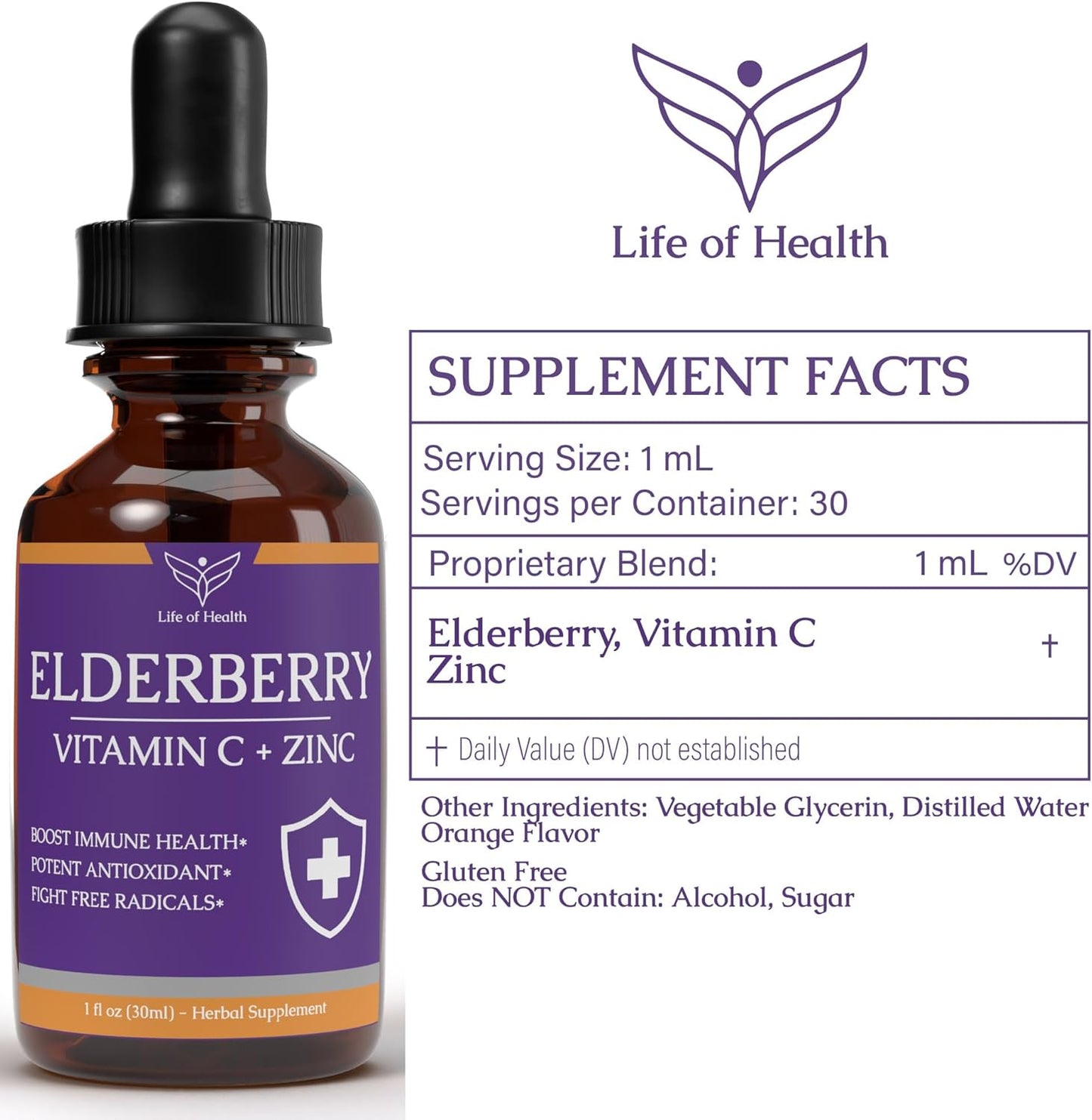 Elderberry Vitamin C Zinc Immune Support Supplement 1 fl oz