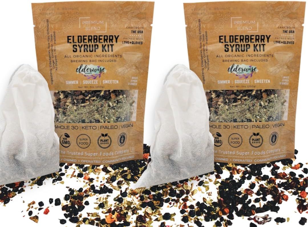 Elderwise Organics Elderberry Syrup Kit - Makes 32oz Each - Organic Ingredients - Includes Brewing Bags - Elderberries, Rosehips, Ginger, Echinacea, Cinnamon, Cloves