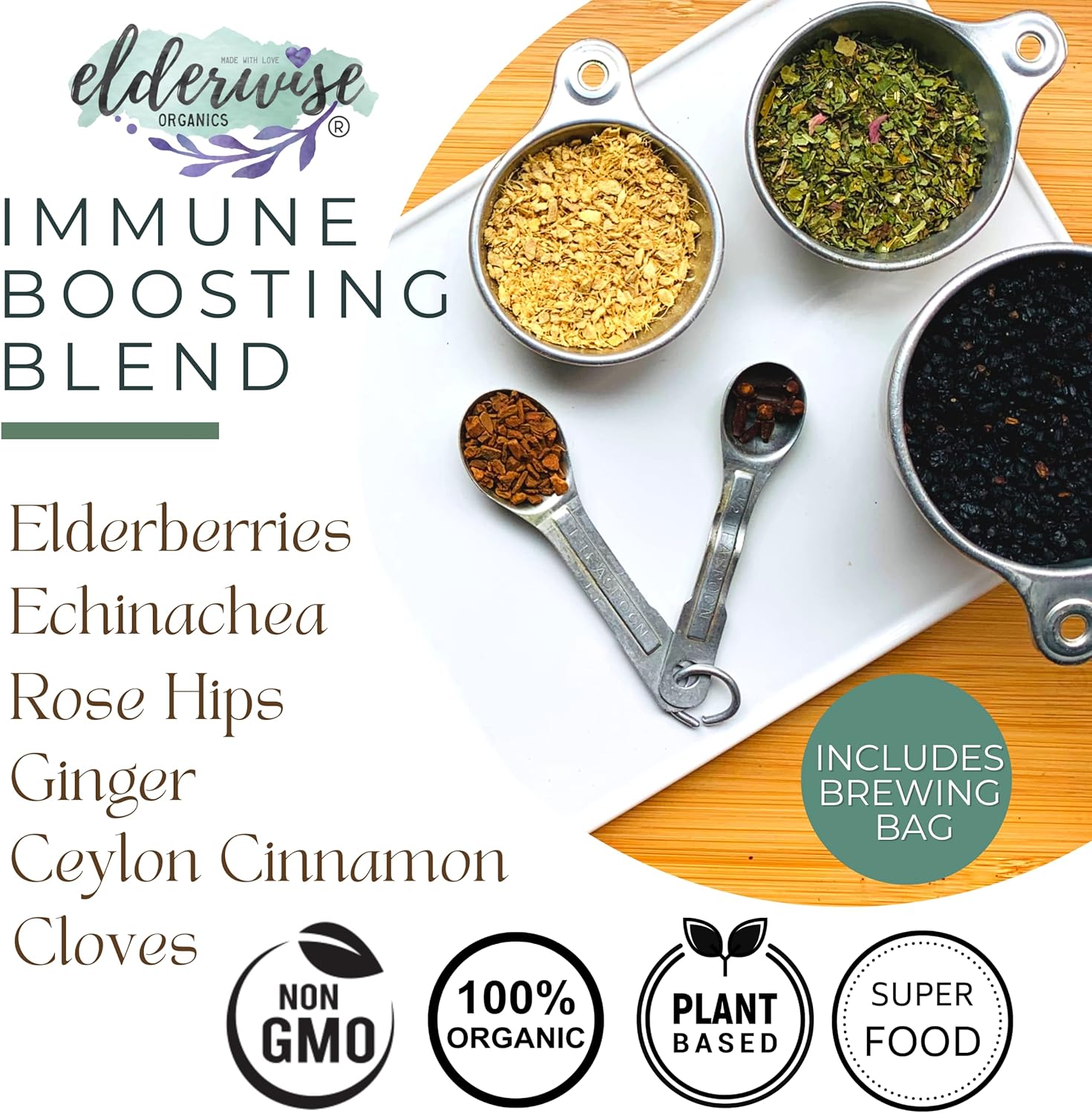 Elderwise Organics Elderberry Syrup Kit - Makes 32oz Each - Organic Ingredients - Includes Brewing Bags - Elderberries, Rosehips, Ginger, Echinacea, Cinnamon, Cloves