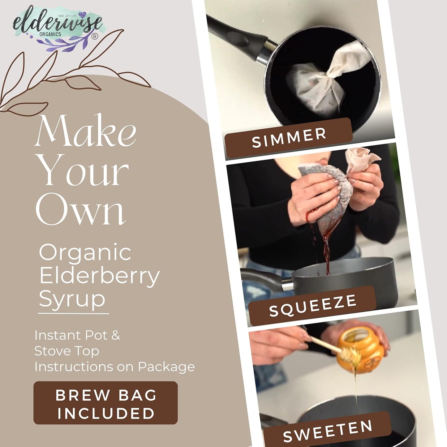 Elderwise Organics Elderberry Syrup Kit - Makes 32oz Each - Organic Ingredients - Includes Brewing Bags - Elderberries, Rosehips, Ginger, Echinacea, Cinnamon, Cloves