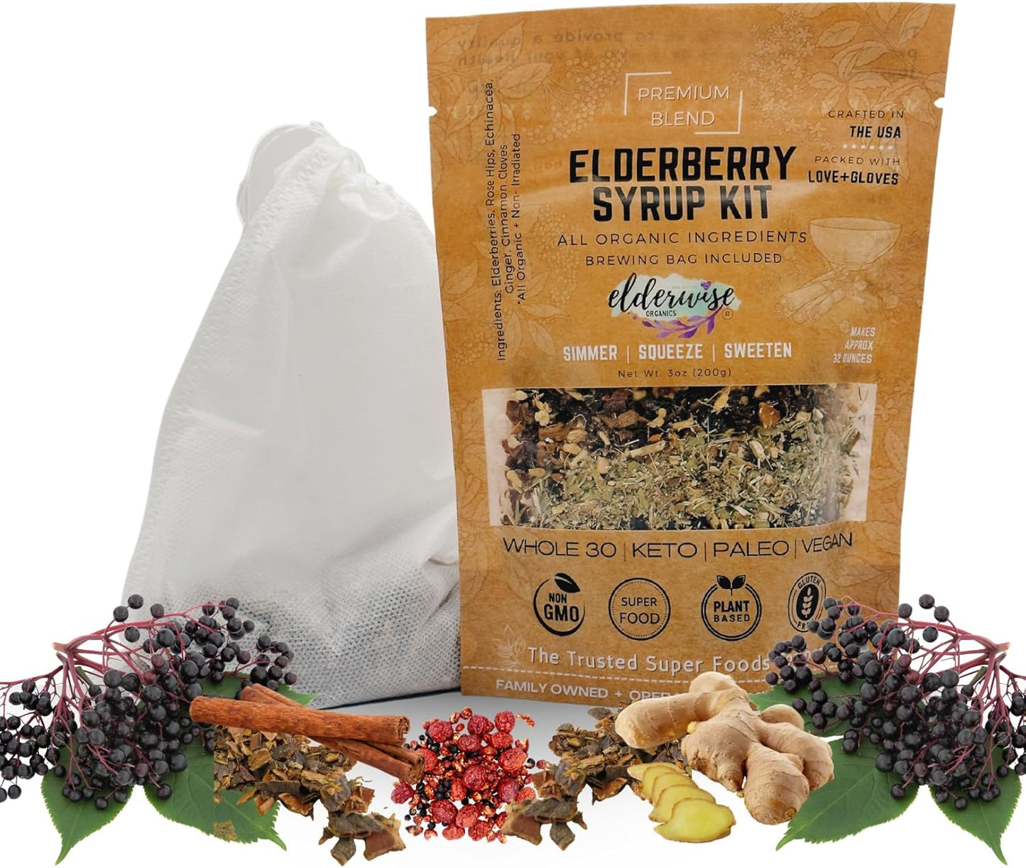 Elderwise Organics Elderberry Syrup Kit - Makes 32oz Each - Organic Ingredients - Includes Brewing Bags - Elderberries, Rosehips, Ginger, Echinacea, Cinnamon, Cloves