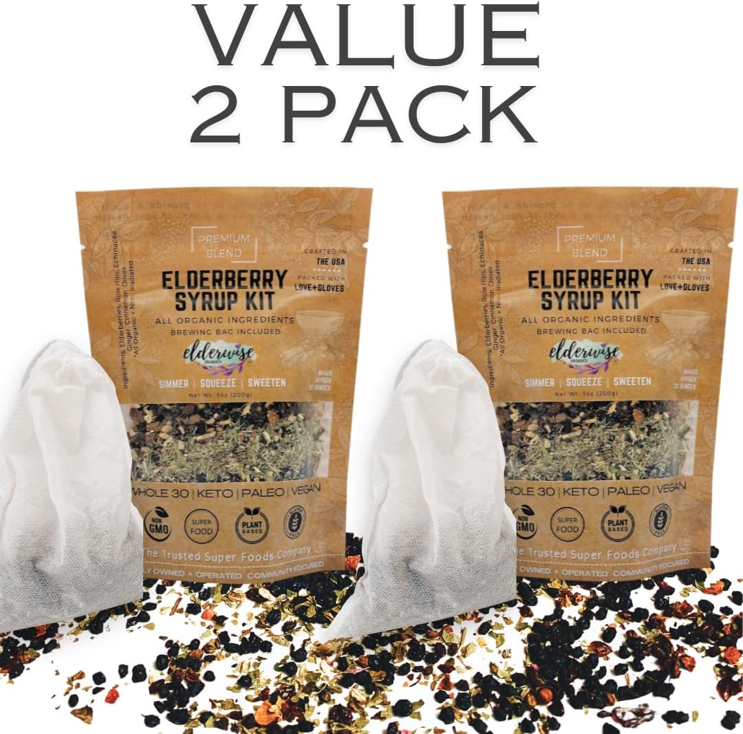 Elderwise Organics Elderberry Syrup Kit - Makes 32oz Each - Organic Ingredients - Includes Brewing Bags - Elderberries, Rosehips, Ginger, Echinacea, Cinnamon, Cloves
