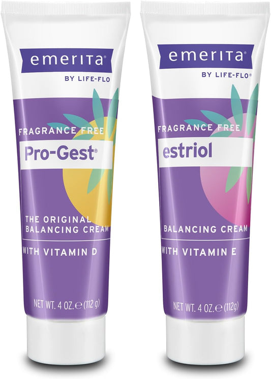 Emerita by Life-flo Pro-Gest Balancing Cream with Vitamin D and Estriol Cream with Vitamin E - Fragrance Free, 4oz Ea, 60-Day Guarantee