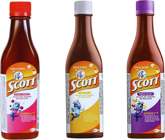 Emulsión de Scott 3-Pack Combo - Cod Liver Oil in Traditional, Cherry, Tropical Fruit Flavors - 180ml Each