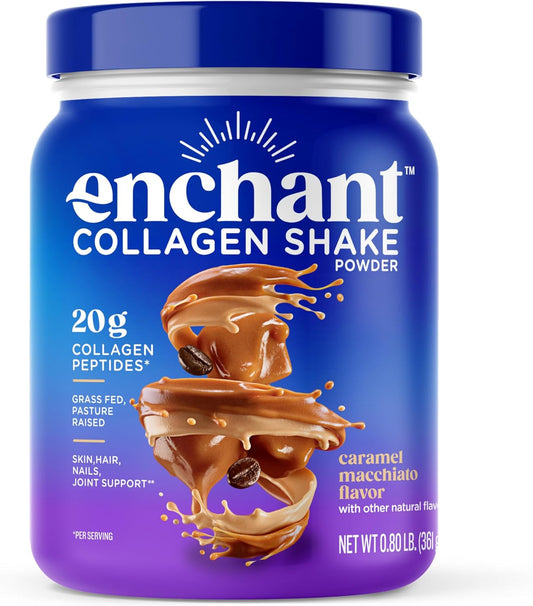 Enchant Collagen Peptides Shake Powder, Caramel Macchiato Flavor - 20g Grass Fed Collagen Peptides for Hair, Skin & Joint Health, 0.80 lb