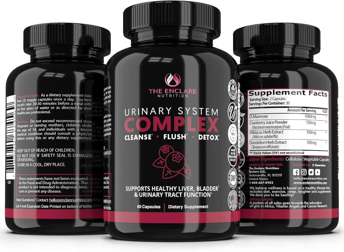 Enclare Nutrition D-Mannose Capsules 1000mg with Cranberry for Urinary Tract Health, Bladder Control, Liver & Kidney Support