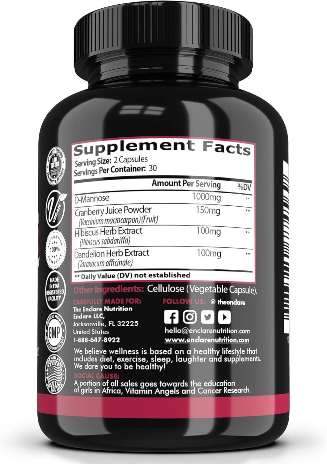 Enclare Nutrition D-Mannose Capsules 1000mg with Cranberry for Urinary Tract Health, Bladder Control, Liver & Kidney Support