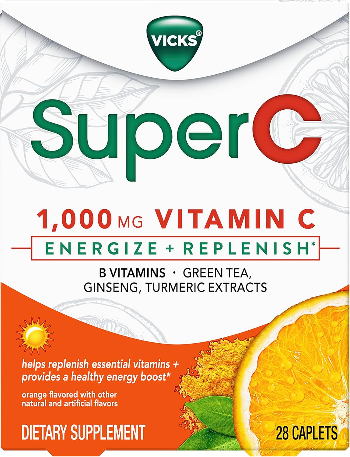 Energize + Replenish Daytime Dietary Supplement with Vitamin C, B Vitamins, Green Tea, Ginseng, and Turmeric Extracts - 28 Caplets