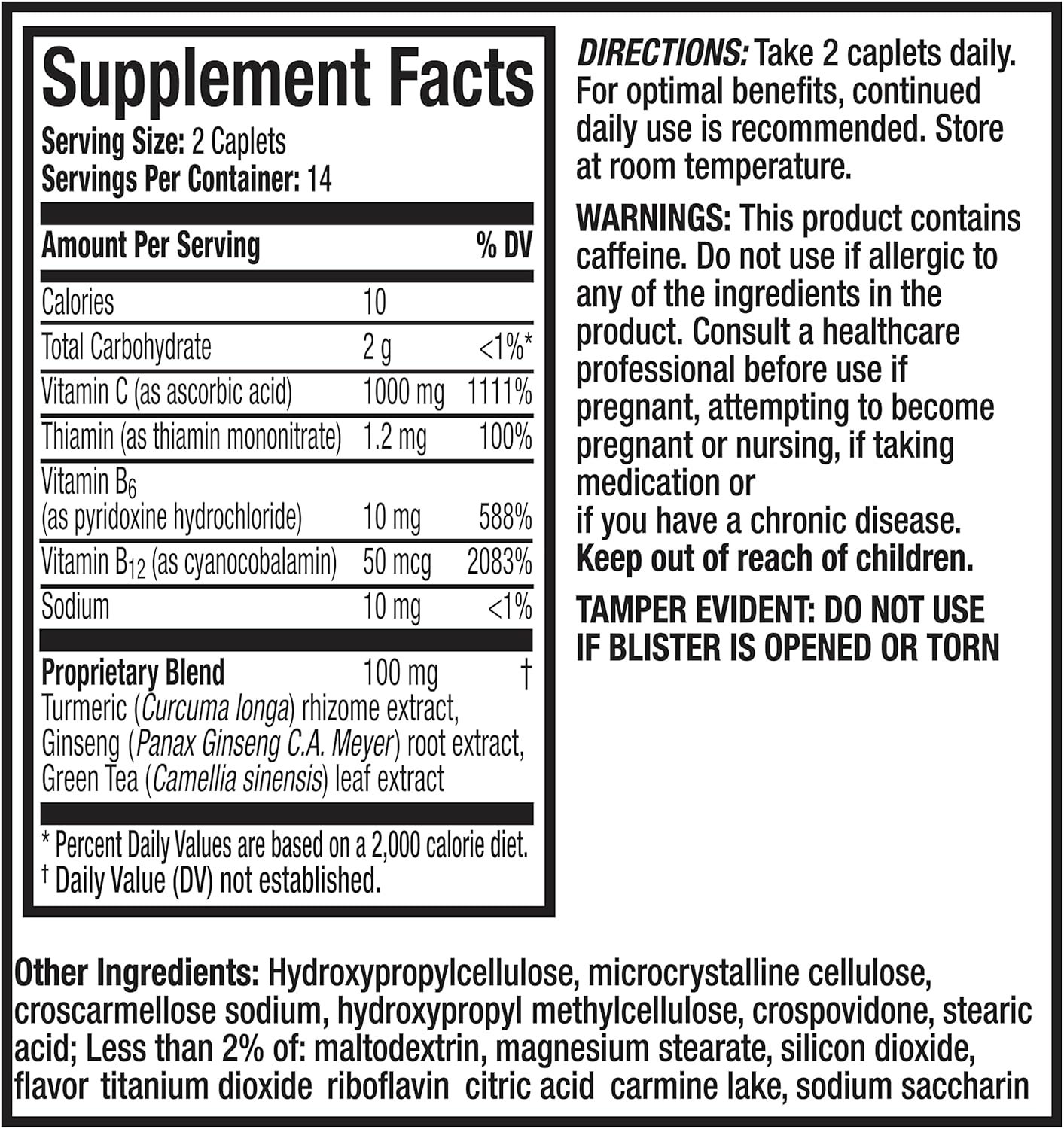 Energize + Replenish Daytime Dietary Supplement with Vitamin C, B Vitamins, Green Tea, Ginseng, and Turmeric Extracts - 28 Caplets