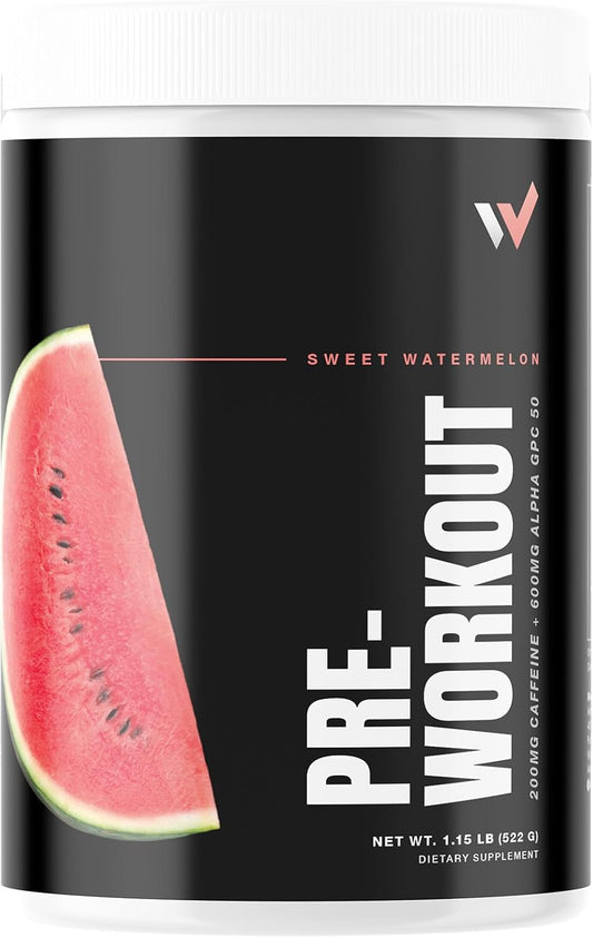 Energizing Pre Workout Powder with l theanine, Beta-Alanine, Alpha GPC - Sugar-Free Watermelon Flavor - Men & Women Fitness Booster