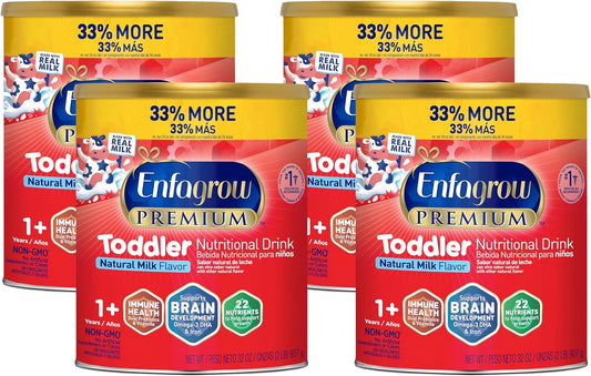 Enfagrow PREMIUM Toddler Nutritional Drink Powder Can, 32 Oz, Pack of 4, Natural Milk Flavor, Omega-3 DHA, Prebiotics, Vitamins, Non-GMO, Brain & Immune Support