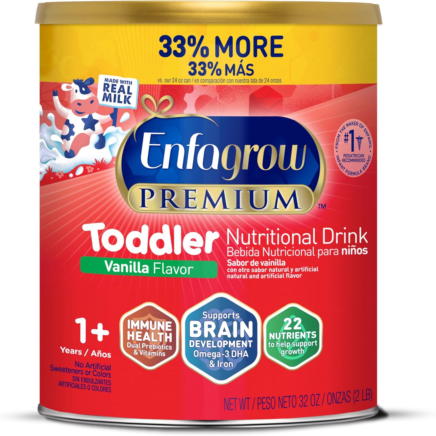 Enfagrow Premium Toddler Nutritional Drink, Vanilla Flavor, Omega-3 DHA, Prebiotics, Vitamins, Non-GMO, 32 Oz Can
