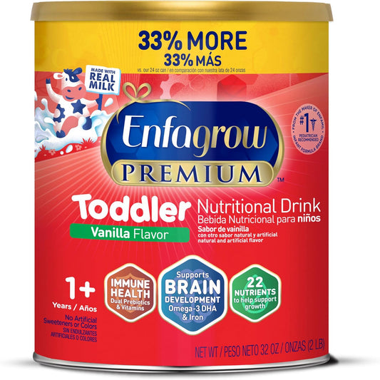 Enfagrow Premium Toddler Nutritional Drink, Vanilla Flavor, Omega-3 DHA, Prebiotics, Vitamins, Non-GMO, 32 Oz Can