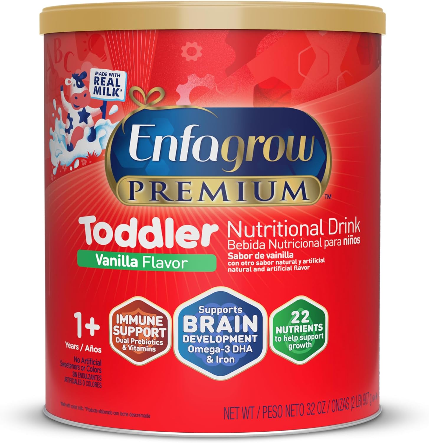 Enfagrow Premium Toddler Nutritional Drink, Vanilla Flavor, Omega-3 DHA, Prebiotics, Vitamins, Non-GMO, 32 Oz Can