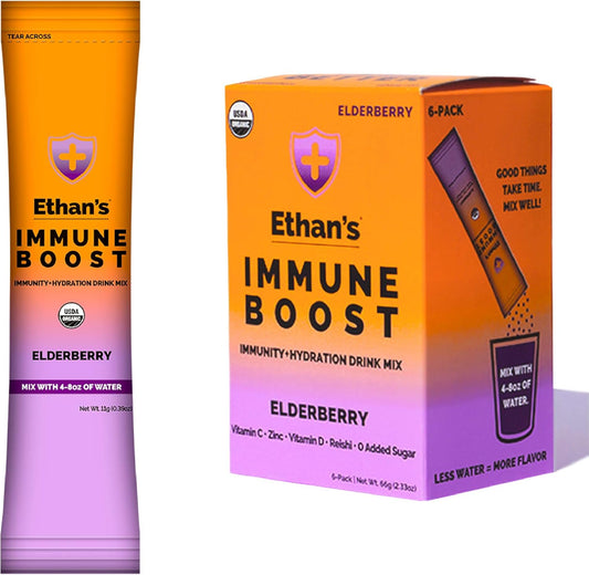Ethan's Organic Elderberry Drink Mix Powder Packets for Immunity Support and Hydration, Vitamin C, D, Zinc, Real Fruit, No Sugar (6 Pack)