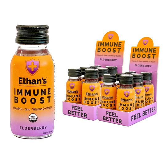 Ethan's Organic Elderberry Immune Boost Shots - 12 Pack of 2oz Shots with Vitamin C, D, Reishi, Zinc - No Added Sugar - Immunity Support made with Real Fruit