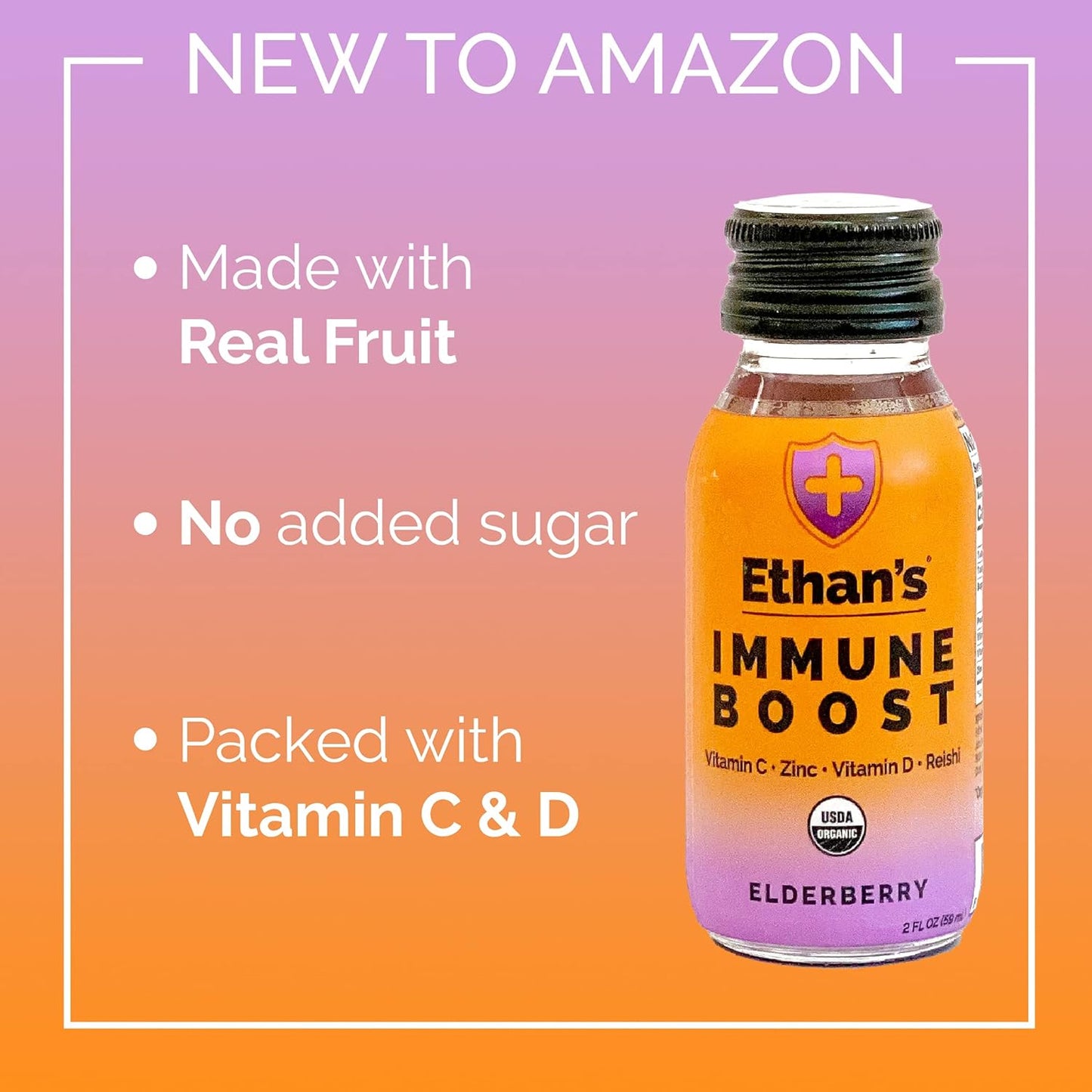Ethan's Organic Elderberry Immune Boost Shots - 12 Pack of 2oz Shots with Vitamin C, D, Reishi, Zinc - No Added Sugar - Immunity Support made with Real Fruit