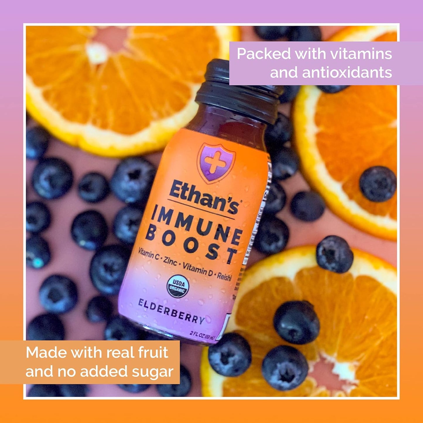 Ethan's Organic Elderberry Immune Boost Shots - 12 Pack of 2oz Shots with Vitamin C, D, Reishi, Zinc - No Added Sugar - Immunity Support made with Real Fruit