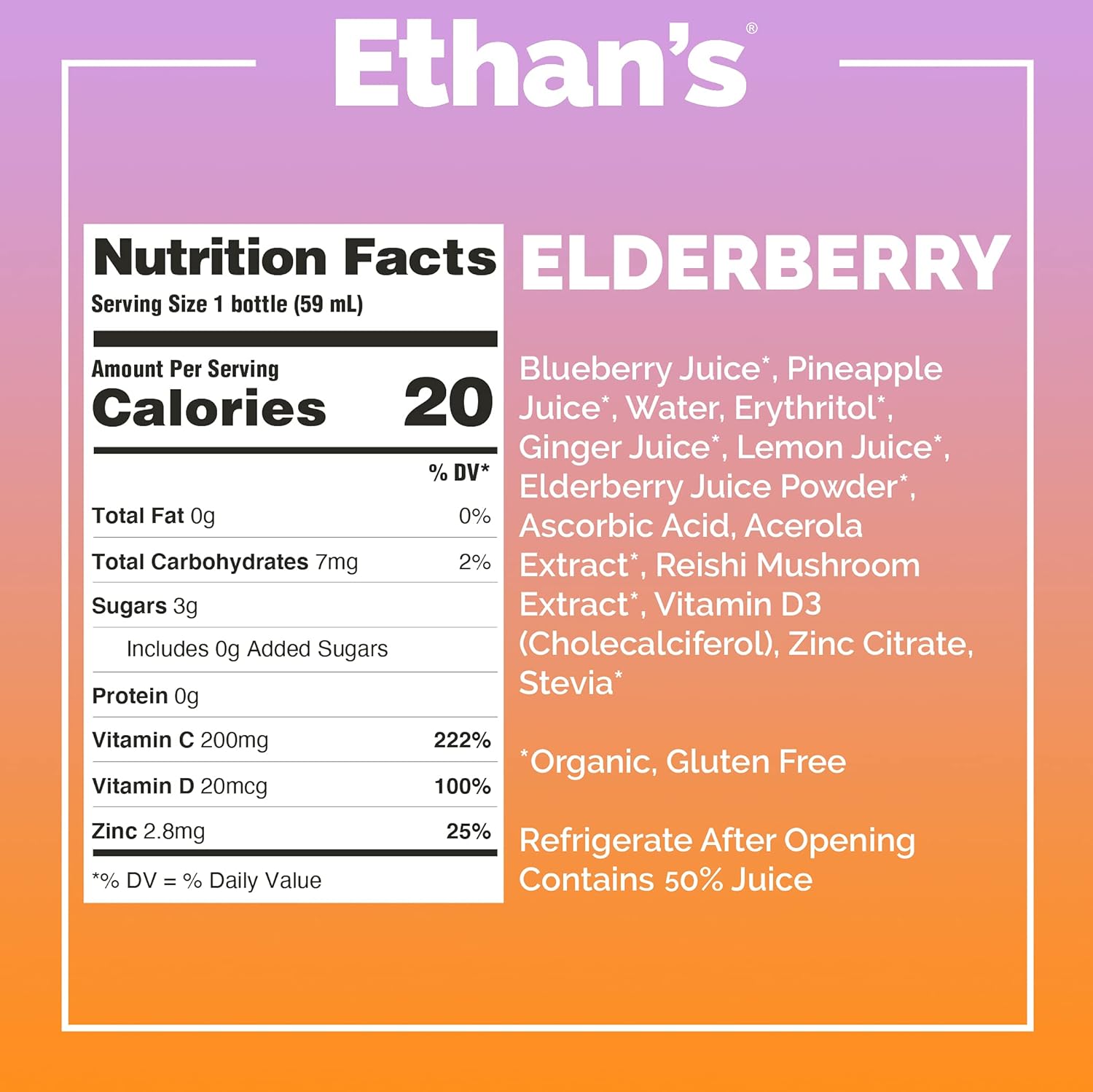Ethan's Organic Elderberry Immune Boost Shots - 12 Pack of 2oz Shots with Vitamin C, D, Reishi, Zinc - No Added Sugar - Immunity Support made with Real Fruit