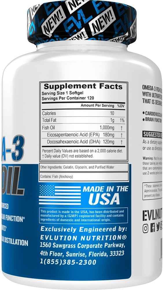 Evlution Nutrition Triple Strength Omega 3 Fish Oil - Burpless Fish Oil EPA DHA Omega 3 Supplement in Easy to Swallow Citrus Flavor Softgels - Enteric Coated Fish Oil Supplement - 120 Count