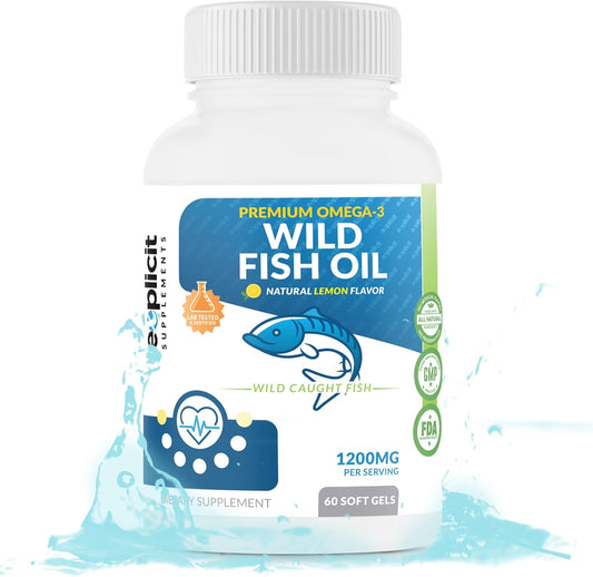 eXplicit Supplements Wild Fish Oil Omega 3 Lemon Flavored Capsules - Non-GMO, Gluten & Soy Free - 1200mg, 60 Servings
