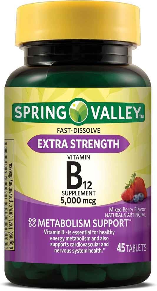 Explorador Spring Valley Extra Strength Vitamin B12 Fast Dissolve Tablets, Mixed Berry, 5000 mcg - 45 Count Gift Card Private Label