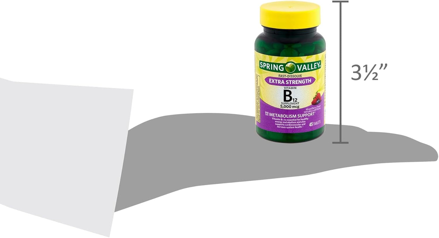 Explorador Spring Valley Extra Strength Vitamin B12 Fast Dissolve Tablets, Mixed Berry, 5000 mcg - 45 Count Gift Card Private Label