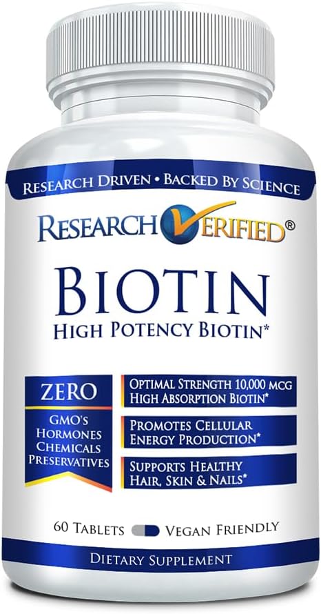 Extra Strength 10,000mcg Biotin Tablets for Hair, Skin, and Nails - 60 Vegan Capsules, Made in USA by Research Verified