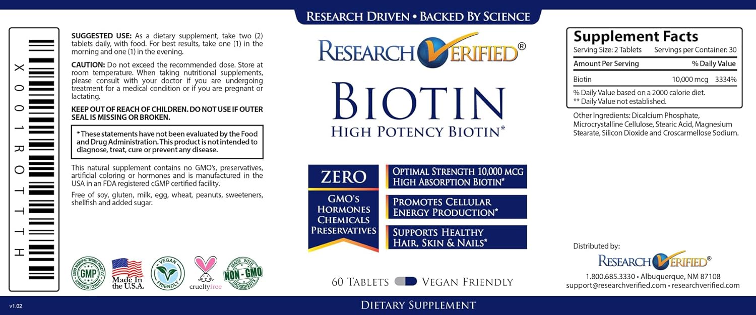 Extra Strength 10,000mcg Biotin Tablets for Hair, Skin, and Nails - 60 Vegan Capsules, Made in USA by Research Verified