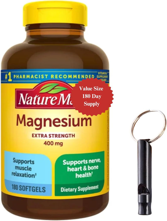 Extra Strength 400 mg Magnesium Oxide Softgels - 180 Day Supply with Emergency Whistle Keychain Bundle