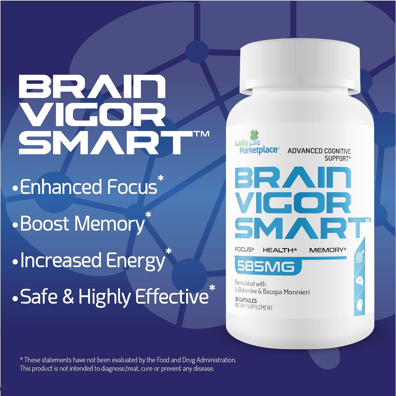 Extra Strength Brain Vigor Smart Booster - Premium Formula for Focus, Memory & Health - Enhanced with 10 High-Quality Ingredients