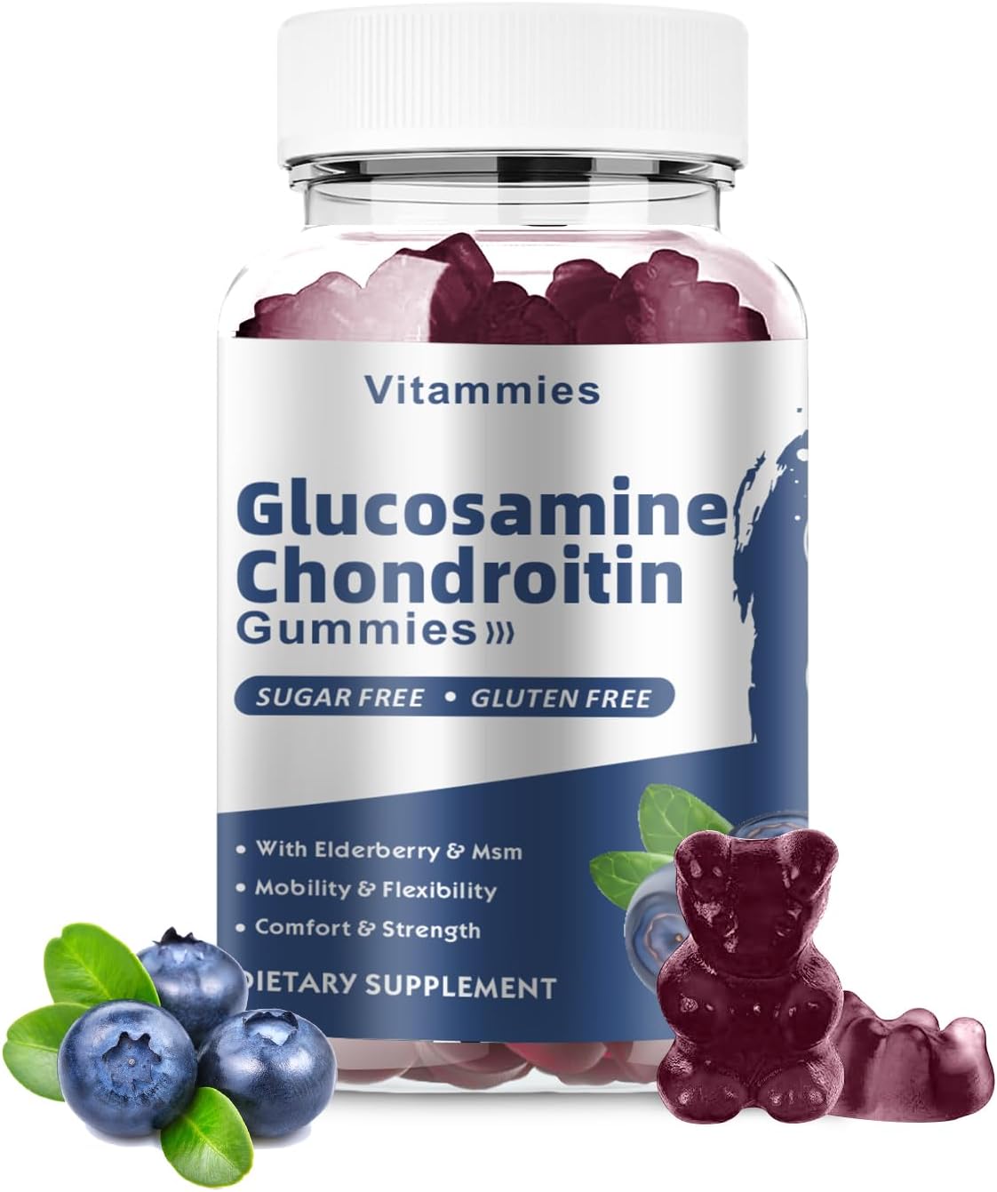 Extra Strength Glucosamine Chondroitin Gummies with MSM & Elderberry for Joint and Immune Support - 60 Blueberry Gummies for Adults
