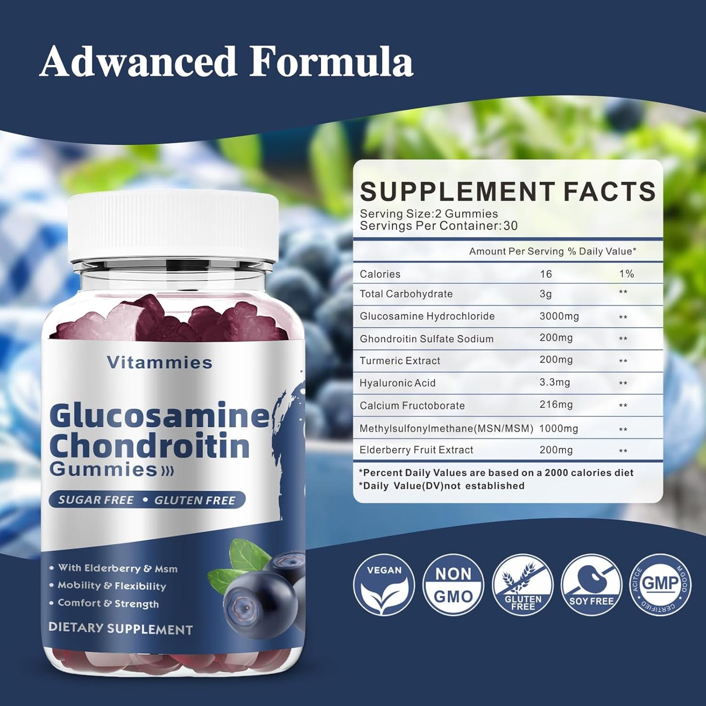 Extra Strength Glucosamine Chondroitin Gummies with MSM & Elderberry for Joint and Immune Support - 60 Blueberry Gummies for Adults