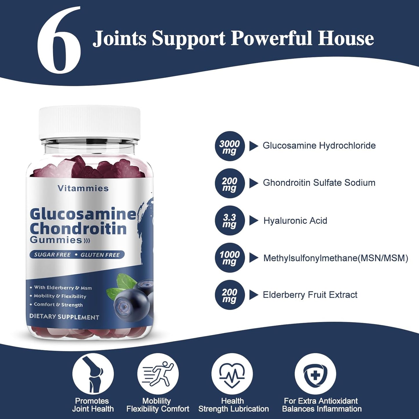Extra Strength Glucosamine Chondroitin Gummies with MSM & Elderberry for Joint and Immune Support - 60 Blueberry Gummies for Adults