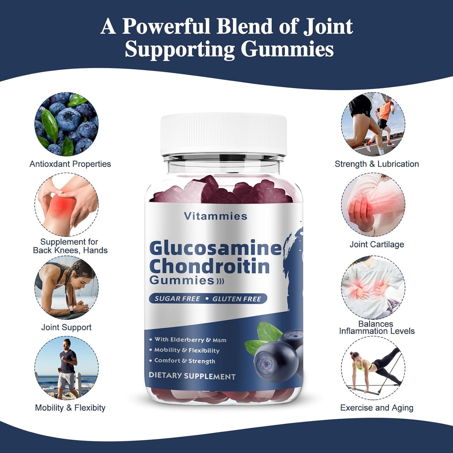 Extra Strength Glucosamine Chondroitin Gummies with MSM & Elderberry for Joint and Immune Support - 60 Blueberry Gummies for Adults