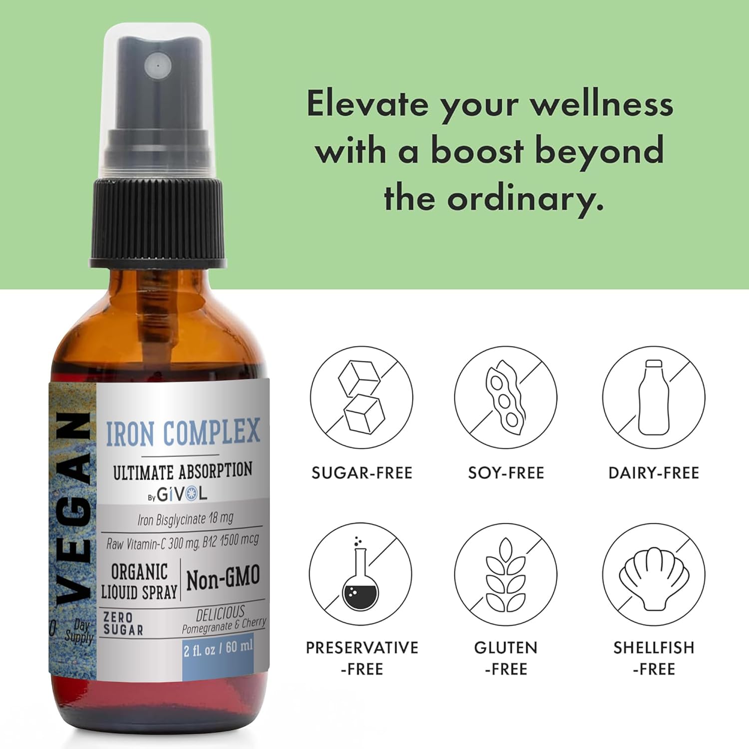 Extra Strength Iron Supplement with Vitamin C, B12, and Zinc Boost Mist for Energy, Immunity, and Elderberry Extract