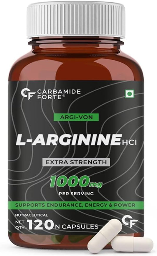 Extra Strength L-Arginine 1000mg Capsules for Nitric Oxide Support | Muscle Relaxation Supplement for Men and Women | 120 Veg Caps