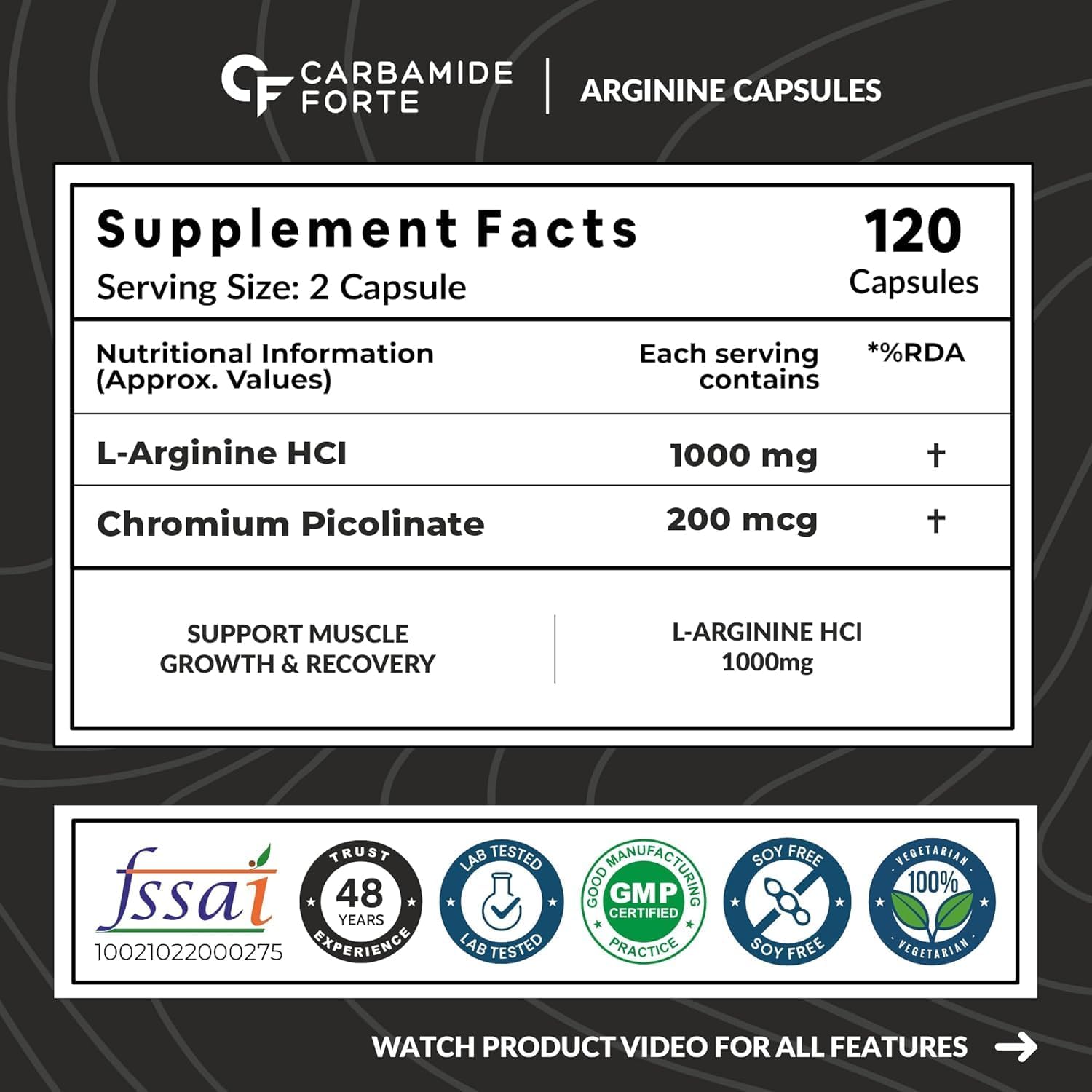 Extra Strength L-Arginine 1000mg Capsules for Nitric Oxide Support | Muscle Relaxation Supplement for Men and Women | 120 Veg Caps