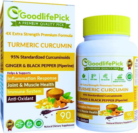 Extra Strength Turmeric Curcumin Capsules with Ginger, Black Pepper Extract - 95% Curcuminoids - NonGMO, All Natural - 90 Veg Capsules