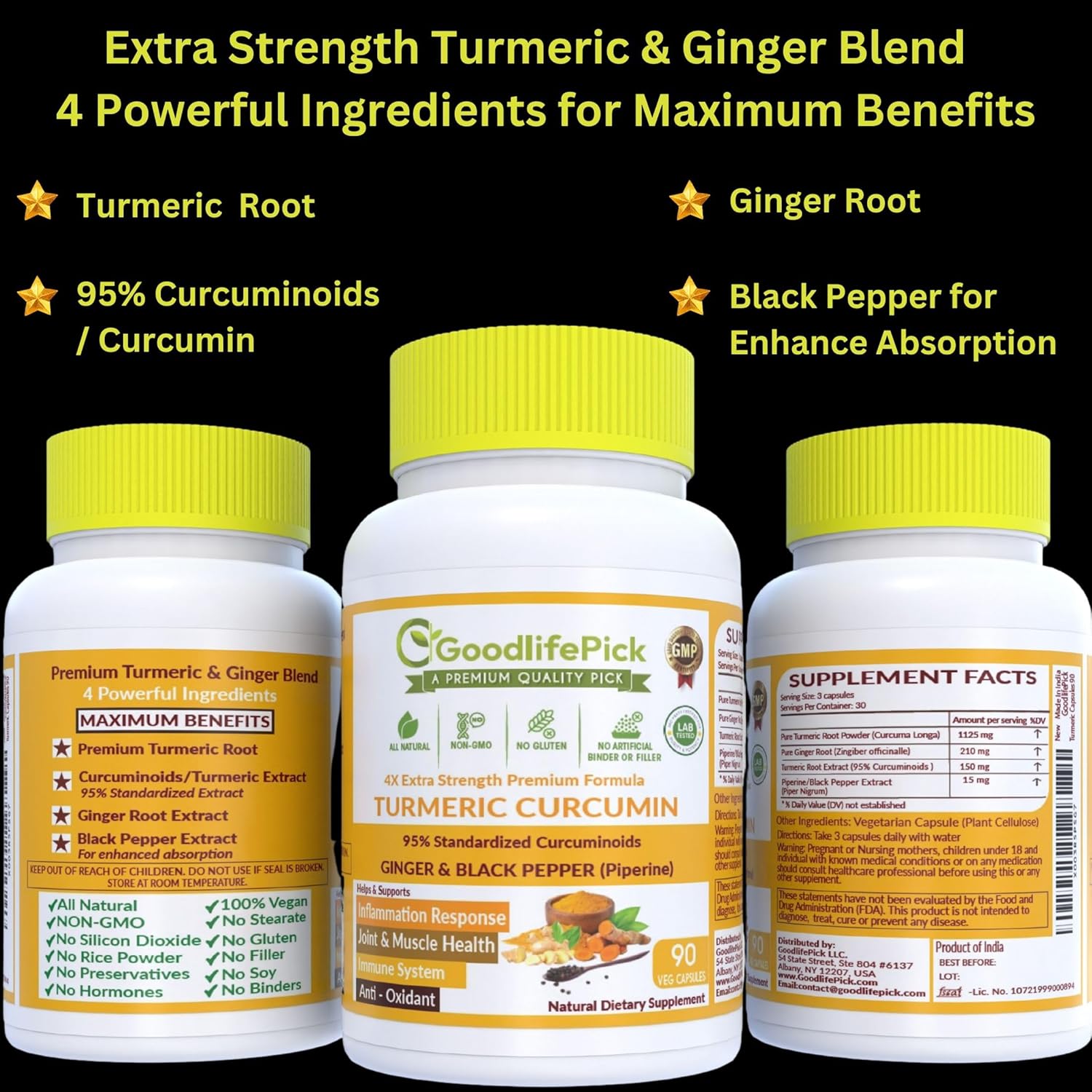Extra Strength Turmeric Curcumin Capsules with Ginger, Black Pepper Extract - 95% Curcuminoids - NonGMO, All Natural - 90 Veg Capsules