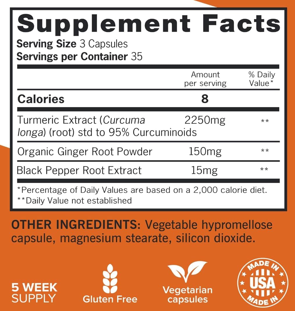 Extra Strength Turmeric Curcumin Supplement with Black Pepper & Ginger for Joint Support - 2400mg Turmeric Extract with 95% Curcuminoids, Enhanced Absorption - 105 Softgels