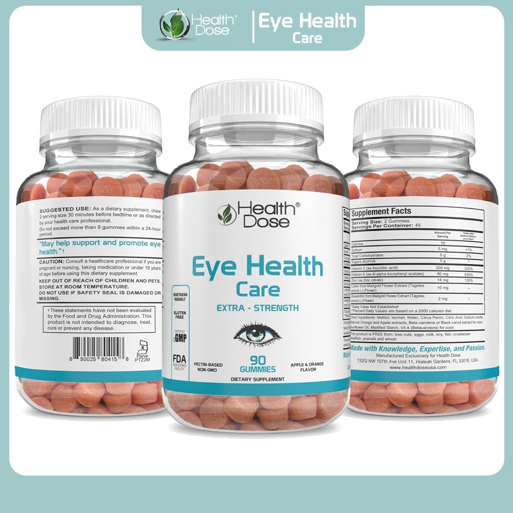 Eye Health Vitamins with Lutein Zeaxanthin for Eye Strain & Dry Eyes - Apple & Orange Flavor Gummies, Pack of 180