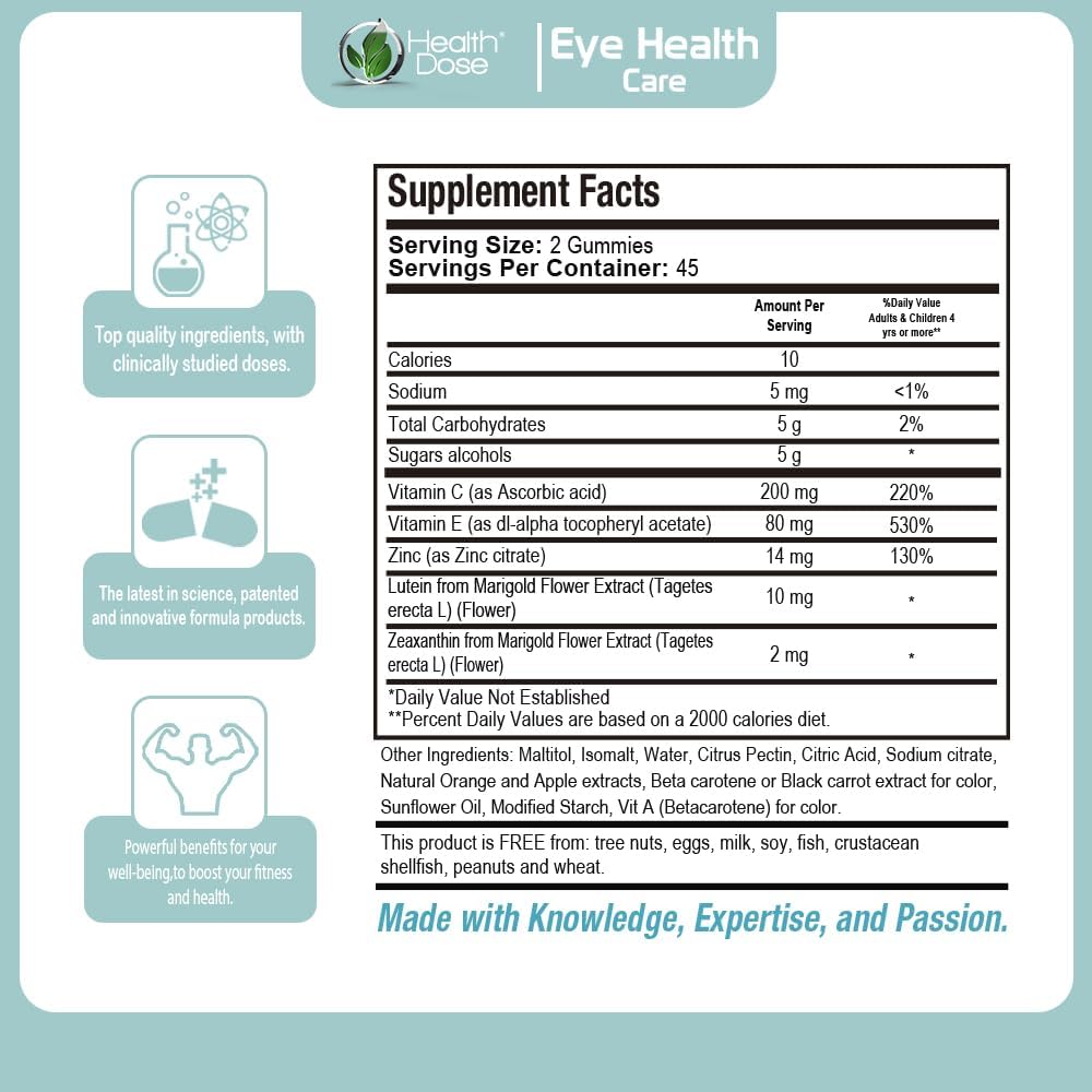 Eye Health Vitamins with Lutein Zeaxanthin for Eye Strain & Dry Eyes - Apple & Orange Flavor Gummies, Pack of 180