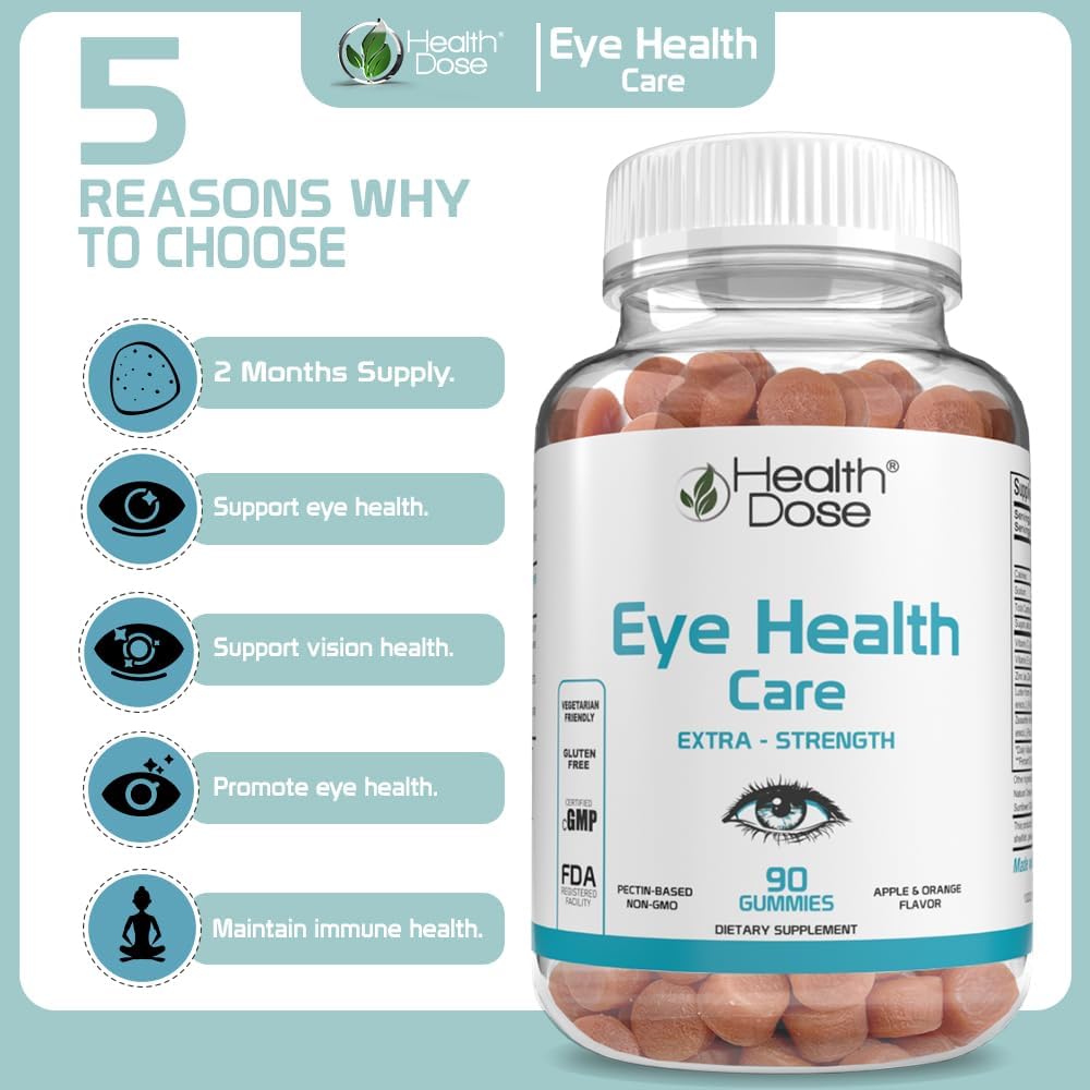 Eye Health Vitamins with Lutein Zeaxanthin for Eye Strain & Dry Eyes - Apple & Orange Flavor Gummies, Pack of 180