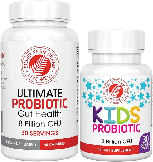 Family Probiotics Bundle: Ultimate Adult & Children's Probiotic for Gut Health - 60 Capsules & 30 Chewables - Silver Fern Brand