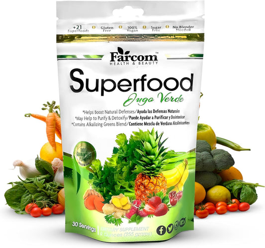 Farcom Superfood Green Juice Powder - 21+ Super Greens, Adaptogens, Prebiotics, Probiotics - Detox, Energy, Immune Support - Vegan, Gluten-Free